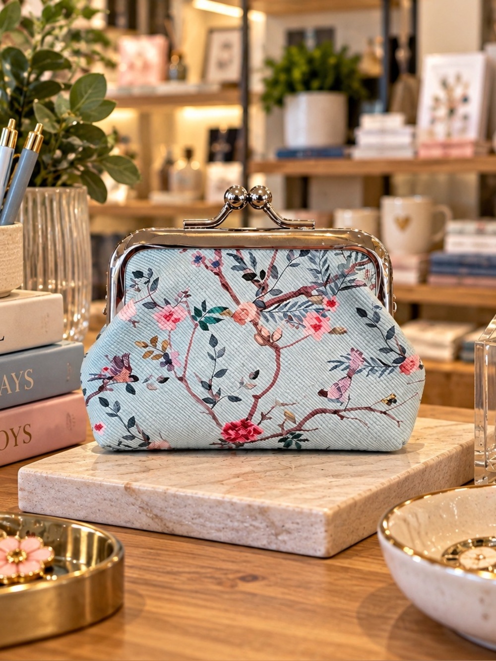 Floral Kiss-Lock Coin Purse in Blue & Pink NWT